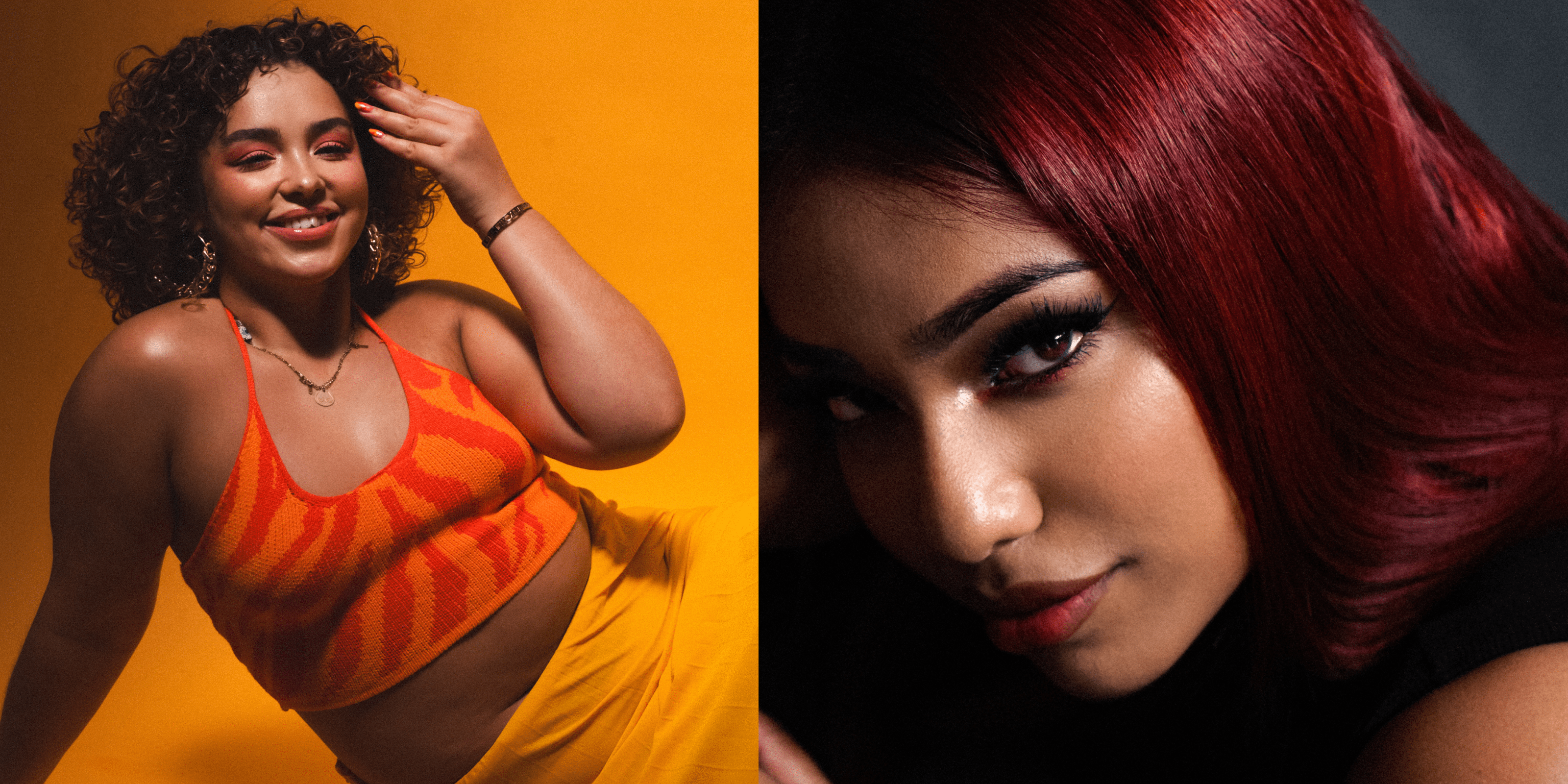 Woman in crop top alongside woman with dark red hair staring into camera